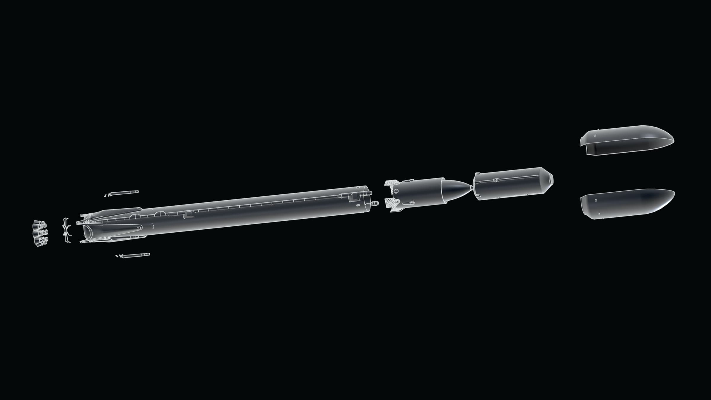 Exploded line-art render of a two-stage rocket